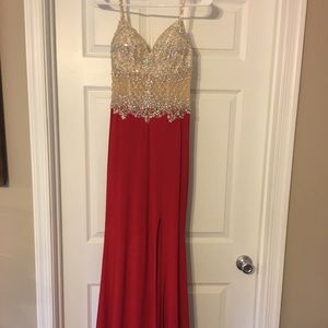 Nude studded top red bottom dress